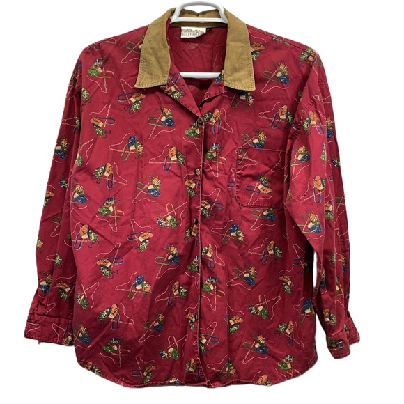 Susan Bristol Tops - Vintage Susan Bristol Cotton Red Fishing Print L/S Corduroy Collar Shirt Size 16